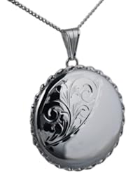 British Jewellery Workshops Silver 31mm half engraved twisted wire edge round Locket with Curb chain