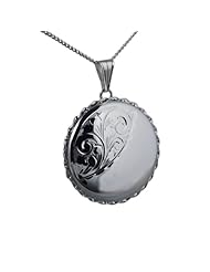 British Jewellery Workshops Silver 31mm half engraved twisted wire edge round Locket with Curb chain