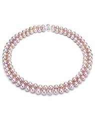Sterling Silver 2 Rows 8-9mm Pink Cultured Freshwater Pearl High Luster Necklace 17"-18" Length.