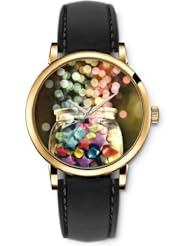 SPRAWL Aanalog Fashion Series Gold Ladies Watches of Genuine Black Leather Strap,Unique Wrist Watch for Women Girls Designed with Bottle Colorful star and bubbles