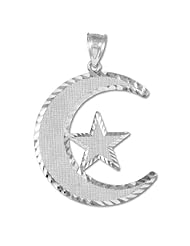 10k White Gold Diamond-Cut Islamic Charm Crescent Moon and Star Pendant