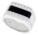 Sterling Silver Gents' Rectangular Black Onyx Ring, w/ 2 Light Grooves At each Side & 12 CZ Stones, 1/2" (13 mm) wide