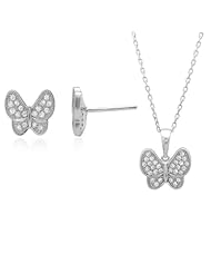 Sterling Silver CZ Pave Butterfly Necklace and Earrings Set