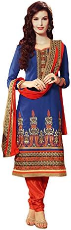 Fabfiza Women's Silk Cotton Semi Stitched Salwar Suit Free Size Blue