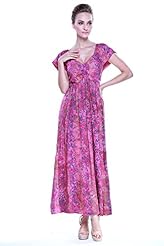 Short Sleeves Rayon Summer Tropical Print Flowy Maxi Dress 