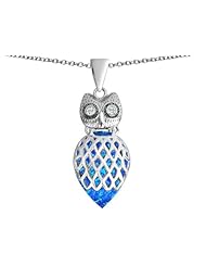 Original Star K (tm) Good Luck Owl Pendant with Pear Shape Created Blue Opal in 925 Sterling Silver