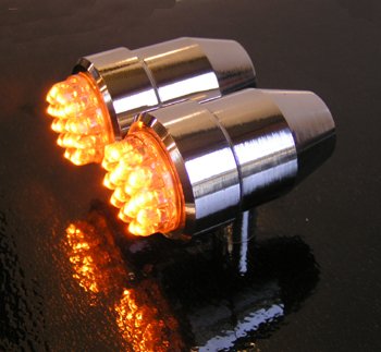 Motorcycle Turn Signal Lights with Amber LEDs in Polished Aluminum Taper Housings