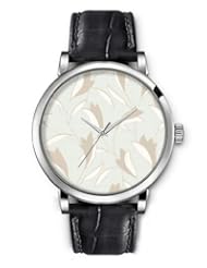 SPRAWL Aanalog Fashion Series Silver Ladies Watches of Genuine Black Leather Strap,Unique Wrist Watch for Women Girls Designed with Petals on light blue background