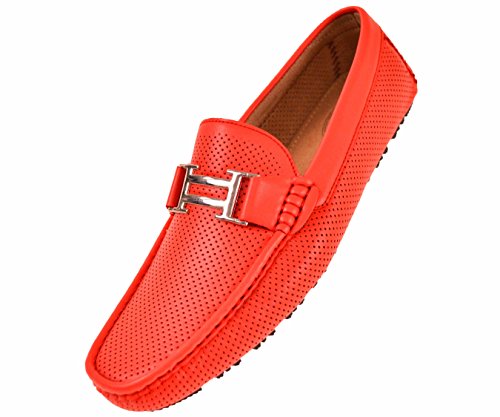 Amali Mens Red Perforated Smooth Driving Loafer Shoes with Silver Double Bar Ornament: Style 1052-005