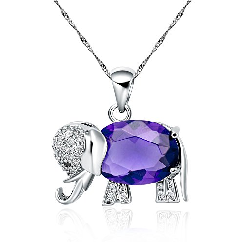 FLORAY Woman's Purple Created Sappire with Cubic Zirconia Elephant Pendant Necklace,Sterling Silver Chain. Free Blue Gift Box. Beautiful Gift for Boys or Girls.Chain Length:45cm