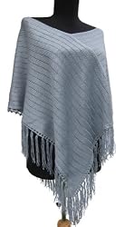 Handmade Poncho with Hand-crocheted Border - Acrylic and Cotton Mixed Yarn (Medium/large) (Vintage Blue-gray)