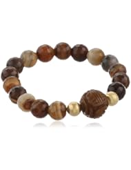 Genuine Natural Brown and Cream Colored Faceted Agate Beads with Center Brown Tone Serpentine Carved Bead Stretch Bracelet, 7.5"