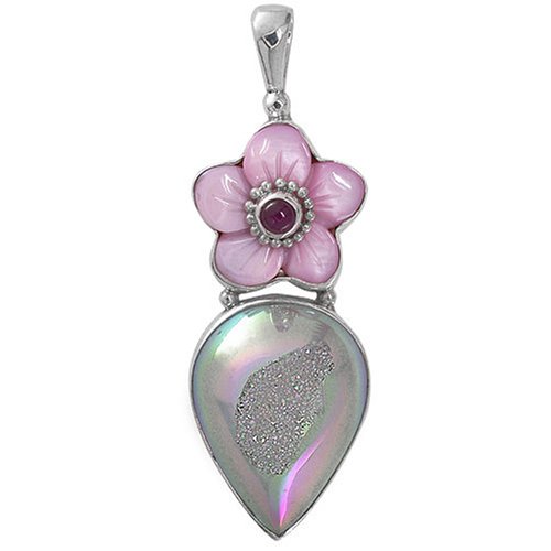 Sterling Silver Mother-of-Pearl Pendant w/ Coated Quartz Druzy & Ruby by Sajen
