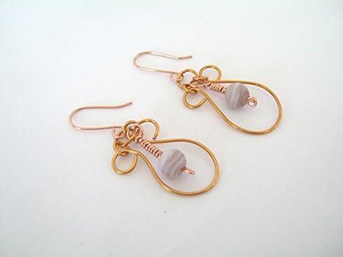 Lavender Bead Copper Wire Wrapped Hoop Dangle Earrings