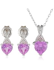 Sterling Silver Created Pink Sapphire with Diamond-Accent Heart Earring and Pendant Boxed Gift Set