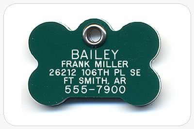 Pet ID Tag - Bone - Custom engraved cat and dog ID tags. Pet safety tag has reflective coating and is available in plastic, stainless steel and brass.