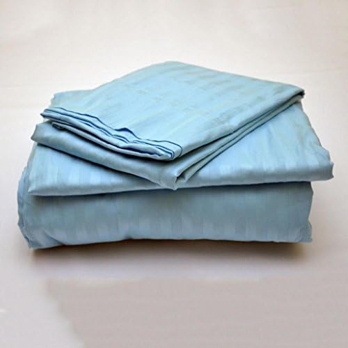 300 TC Pima Cotton 4 Pcs Sheet Set Drop Pocket 25" Small Full Light Blue Striped (1 Fitted Sheet+1 Flat Sheet+2 Pillowcase)