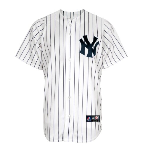 MLB Men's New York Yankees A.J. Burnett White/Navy Pinstrps Home Short Sleeve 6 Button Synthetic Replica Baseball Jersey Spring 2012  (White/Navy Pinstrps, Large)