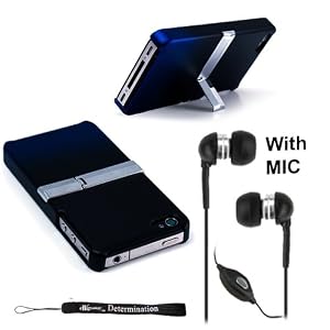 Ultimate Kickstand Stand Alone Protective Case for Apple iPhone 4 (compatible with all models of iPhone 4)+ Includes an eBigValue (TM) Determination Hand Strap Key Chain + Includes a Crystal Clear High Quality HD Noise Filter Earbuds Earphones Headphones with Mic, 3.5mm Jack For iPod, iPhone and iPad