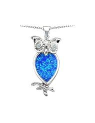 Original Star K (tm) Good Luck Owl Pendant with Pear Shape Created Blue Opal in 925 Sterling Silver