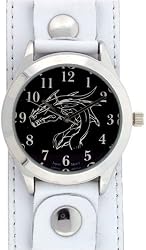 Dragon Women's Silver Silhouette Punk Biker White Leather Band Wrist Watch