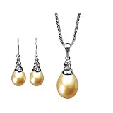 Crystal Top Peach Culture Pearl Pendant Necklace & earrings Set in CAREFREE Sterling Silver