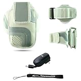 White Adjustable Deluxe Sportband / Workout Armband with Adaptable Neck Str ....