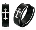 Pair of Small/Discreet Crucifix Black Stainless Steel Hoop Hinged Earrings - Supplied in Gift Pouch
