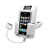 CAR KIT (WHITE COLOR) - FM Transmitter/ Car Charger and Cradle For Apple iPhone / iTouch MP3 PLayer - W/ PSL Station Lock to reduce drifting- Extra USB charging port for charging cell phone / bluetooth devices ( Includes Bonus USB cable ) ( Will NOT charge Iphone 3G )