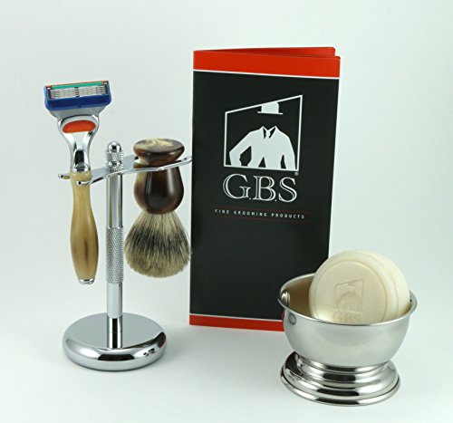 5-Piece-Mens-Grooming-Shaving-Set--Faux-Horn-5-Blade-Razor--Pure-Badger-Brush--Bowl--Stand--Soap