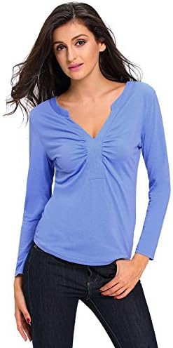 SextyHome Lady Europe And The United States Simple Fashion Sexy V-neck Long Sleeve Cultivate One's Morality Clothes(Blue)