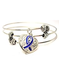 Colon Cancer Lace Heart with Awareness Ribbon Blue Epoxy Expandable Triple Wire Adjustable Bracelet Made in the USA