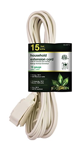 GoGreen Power (GG-24715) 16/2 15' Household Extension Cord, 3 Outlets, White, 15 ft