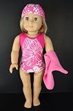 Pink One Piece Swim Suit in Pink with White Floral Design Complete with Towel and Swim Cap Designed for 18 Inch Doll Like the American Girl Dolls