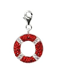 SilberDream Glitter Charm Swarowski Elements life belt red and white, 925 Sterling Silver Charms Pendant with Lobster Clasp for Charms Bracelet, Necklace or Earring GSC208