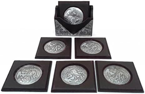Sita Square Vintage-Style Wooden Cup Saucer with Elephant Pewter Metal , Set of 6