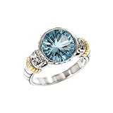 925 Silver, Blue Topaz & White Topaz Round Ring with 14k Gold Accents- Sizes 6-8