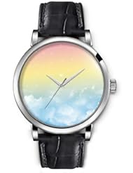 SPRAWL Aanalog Fashion Series Silver Ladies Watches of Genuine Black Leather Strap,Unique Wrist Watch for Women Girls Designed with Rainbow from Heaven