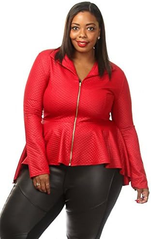 Plus Size Quilted Long Sleeve Zip Up Peplum Top (1X, Wine)