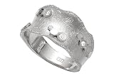 14K White Gold Hand-Crafted Matte-Finish Designer Ring, Enhanced with White Gold Bezel Set Diamonds.