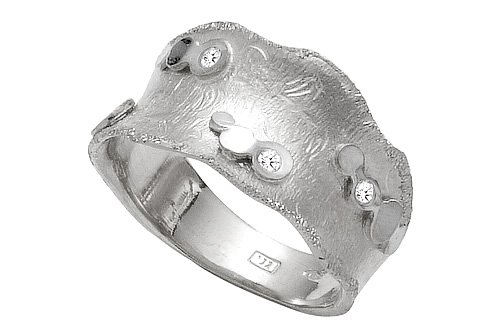 14K White Gold Hand-Crafted Matte-Finish Designer Ring, Enhanced with White Gold Bezel Set Diamonds.