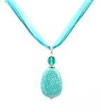 Necklace / Pendant - Genuine Semi Precious Stone on Five-Strand Organza and Cotton Cord + 2" Extension Chain - Teardrop ~ Magnesite Turquoise (SPN32)