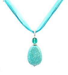 Necklace - N32 - Genuine Semi Precious Gemstone on Five-Strand Organza and Cotton Cord + 2" Extension Chain - Teardrop ~ Magnesite Turquoise