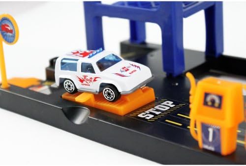 4pc Garage Parking Tower Diecast Toy Car Play Set Vehicles Gas Pump and Working Crank Elevator