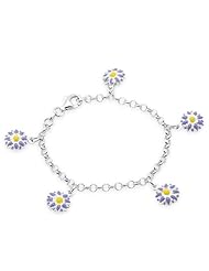 Unicornj Sterling Silver Childrens Bracelet with Purple and Yellow Daisy Flower Charms