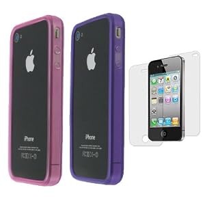 2 Color Pack Bumper Design TPU Silicone Crystal Skin Case for Apple iPhone 4 4th Generation with Front & Back Screen Protector, AT&T