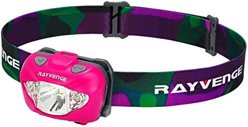 Headlamp Rayvenge T3A Compact LED CREE XP-E Water Resistant IPX6 with Long Battery Life,Portable Bag - Lightweight Headlight Flashlight for Cycling, Camping, Reading, Crafts and Home Projects (Pink)