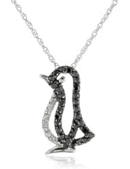 XPY 14k White Gold Black and White Diamond Penguin Pendant Necklace (.15cttw, Black Diamonds and I-J Color, I2-I3 Clarity), 18"