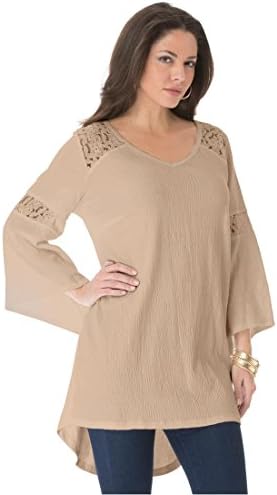 Roamans Women's Plus Size Gauze Lace Tunic (New Khaki,2X)