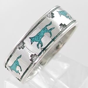 Southwestern Native American Style Running Wolf Band Ring in Sterling Silver with Turquoise Chip Inlay